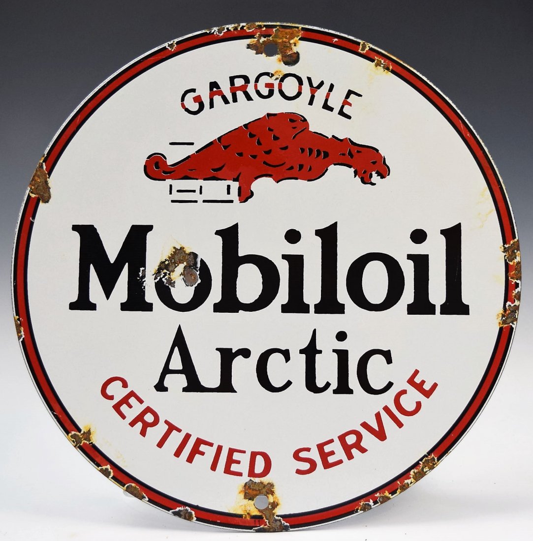 Vintage Mobiloil Arctic Porcelain Sign: Vintage Mobiloil arctic gargoyle motor oil porcelain gas pump sign