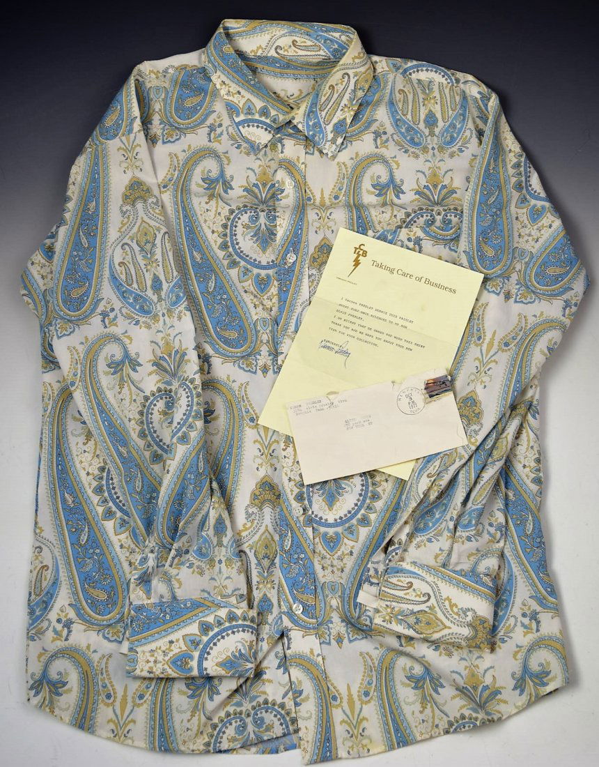 Elvis Presley's Personal Dress Shirt: A blue, cream and white paisley long sleeved dress shirt owned and worn by Elvis Presley LOA included from Vernon Presley (original copy)