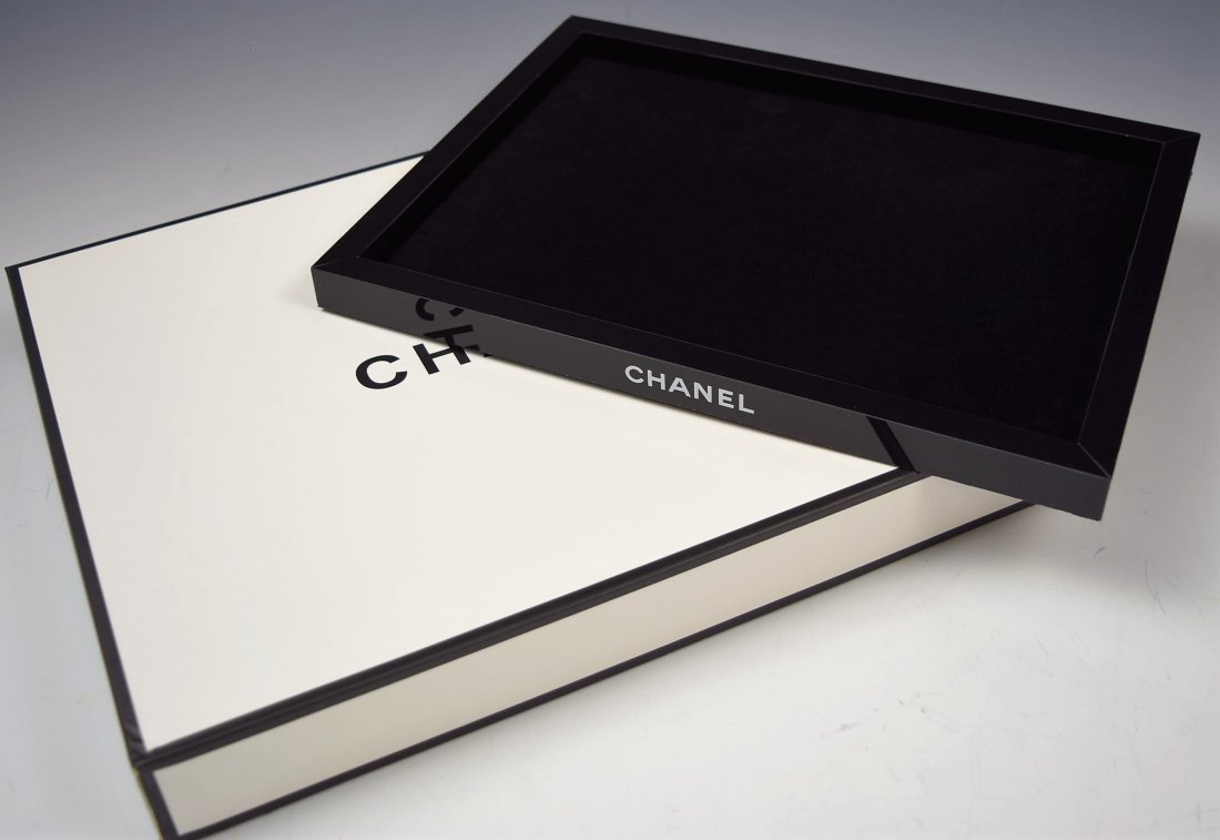 Chanel Cosmetic Tray: A Chanel issued VIP black cosmetic tray with original box Measures: 12 1/2 x 9 1/2 x 1 inches