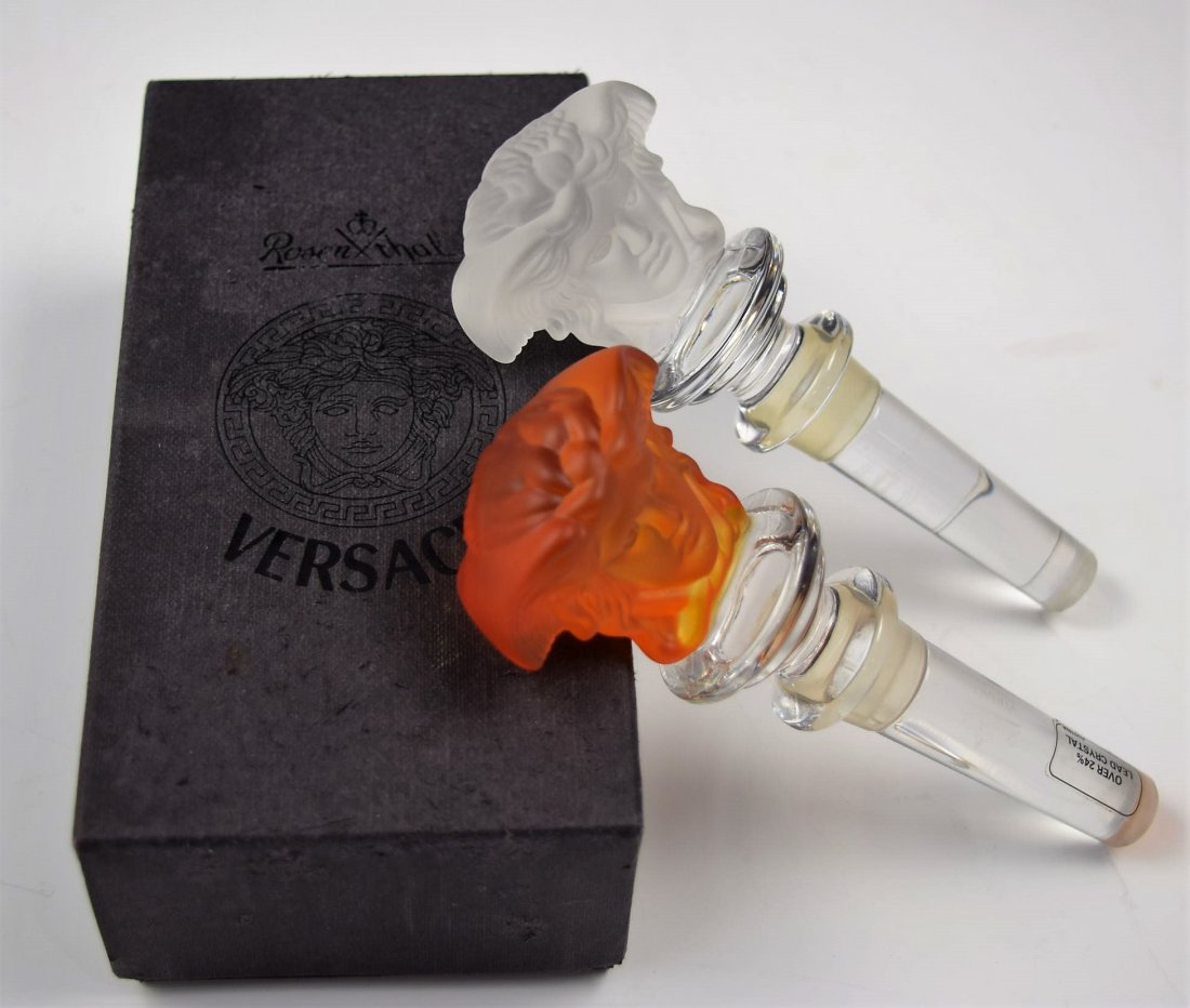 Versace Wine Bottle Stoppers: 2 Versace issued Rosenthal amethyst crystal Medusa wine bottle stoppers One original box included