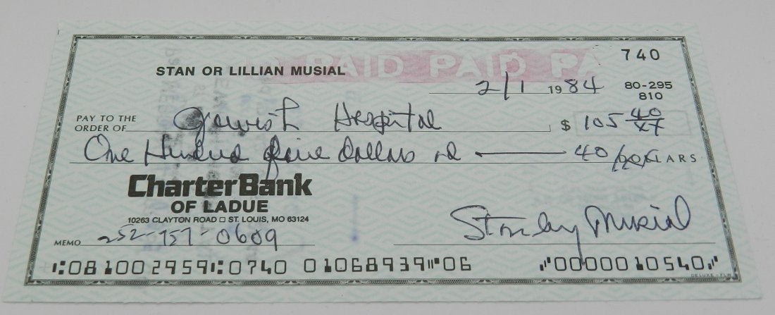 Stan Musial Signed Check: Signed and written by Stan Musial - NY Yankees