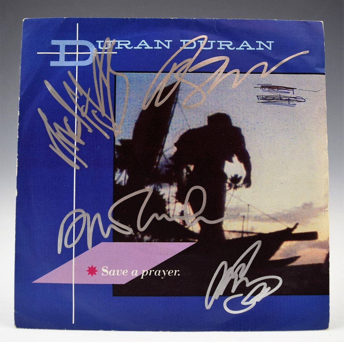 Duran Duran Signed LP: Duran Duran Signed LP (1981). Signed on the front cover in Sharpie by all five of the original members of the English New Wave superstars including Simon le Bon, Nick Rhodes, John Taylor, Roger Taylor