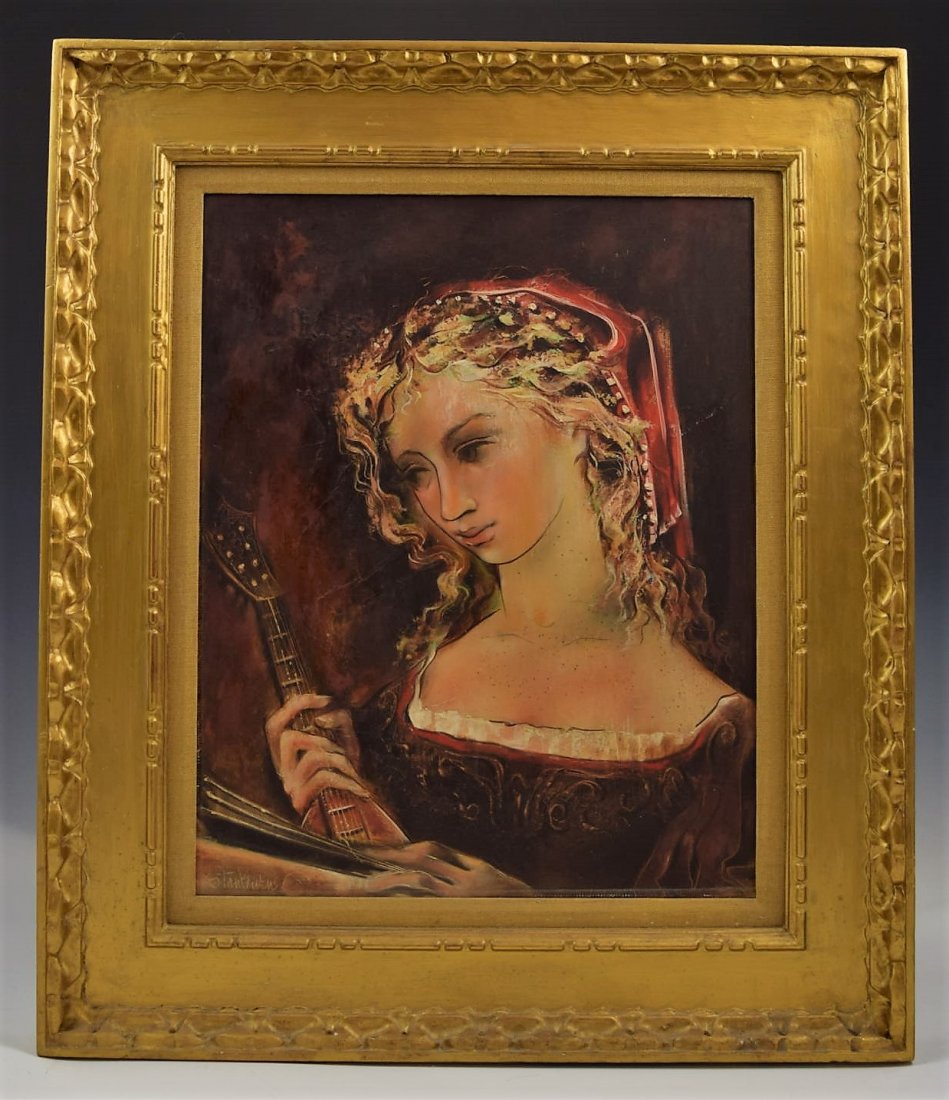Stan Burns: "Girl with Lute" Oil painting on Masonite Signed lower left Measures: 27 1/2 x 23 1/2 inches framed