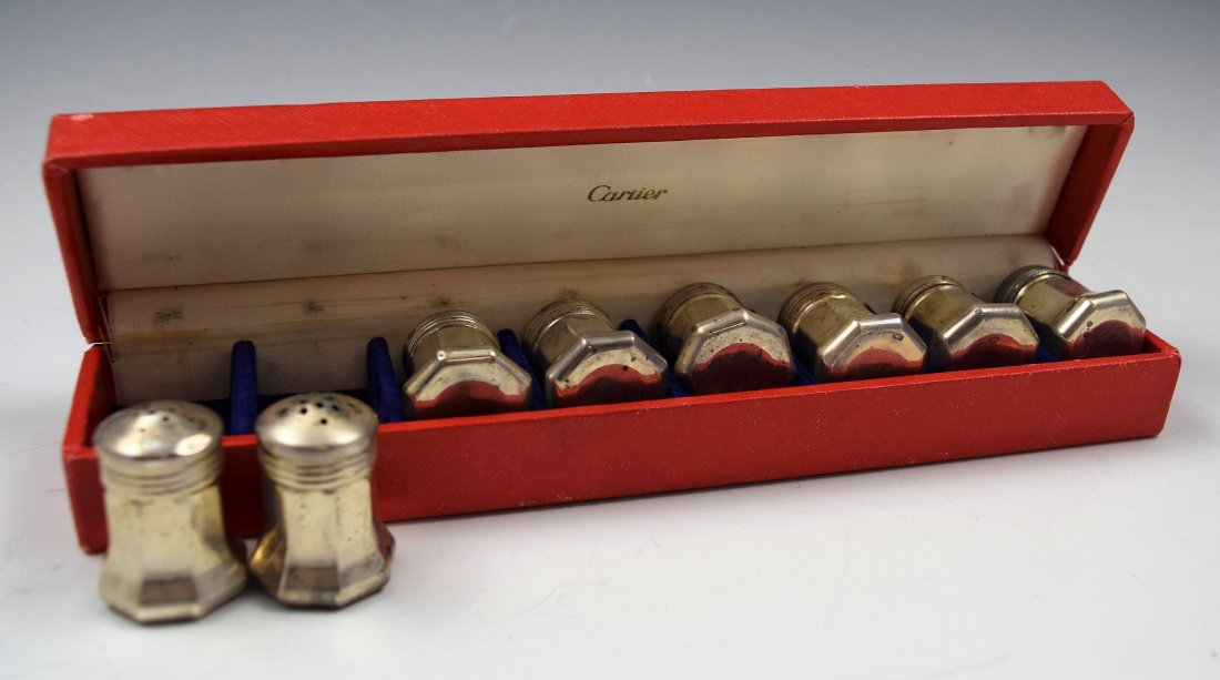 Cartier Sterling Silver Salt and Pepper Set: Cartier issued sterling silver salt and pepper set Each stamped on bottom Original box included