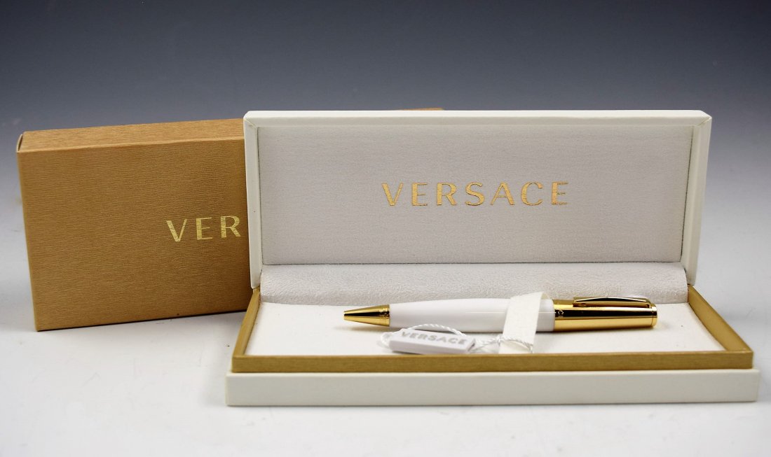 Versace Pen: Versace Cosmos white and silver pen with Versace embossed stainless accents Original case and box included