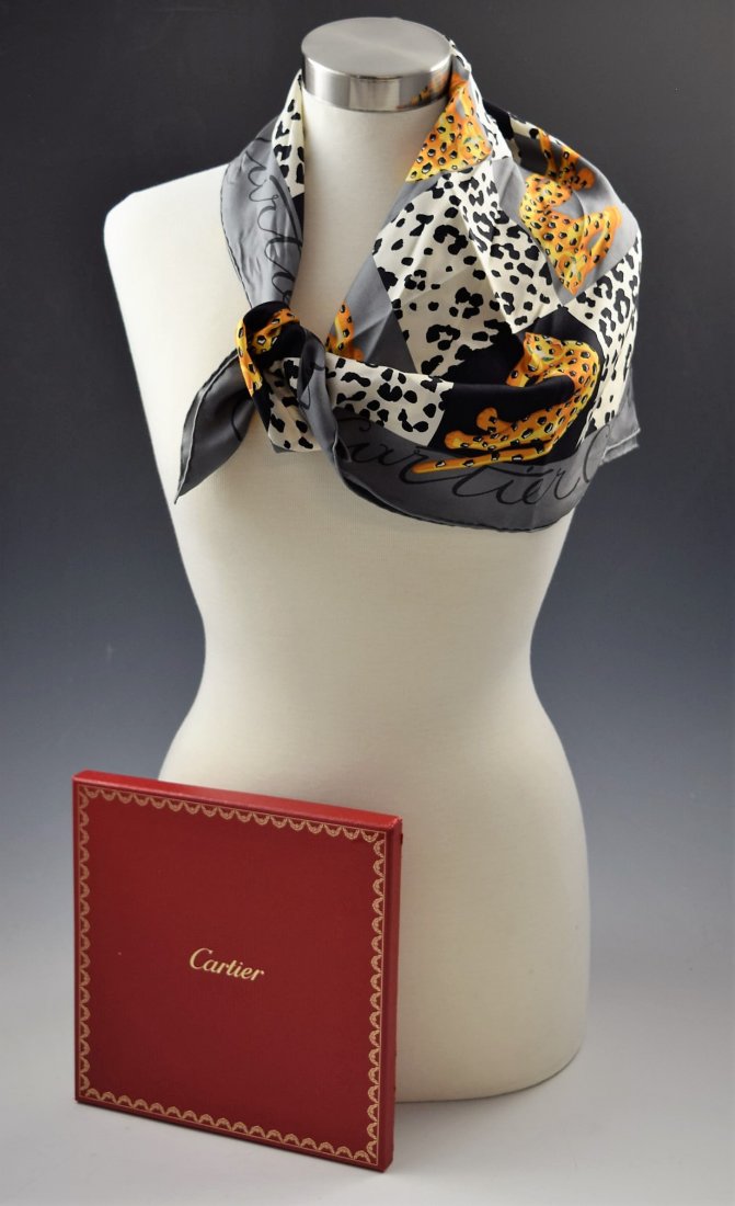 Cartier Silk Scarf: Cartier silk scarf Measures: 26 x 26 inches Original box included