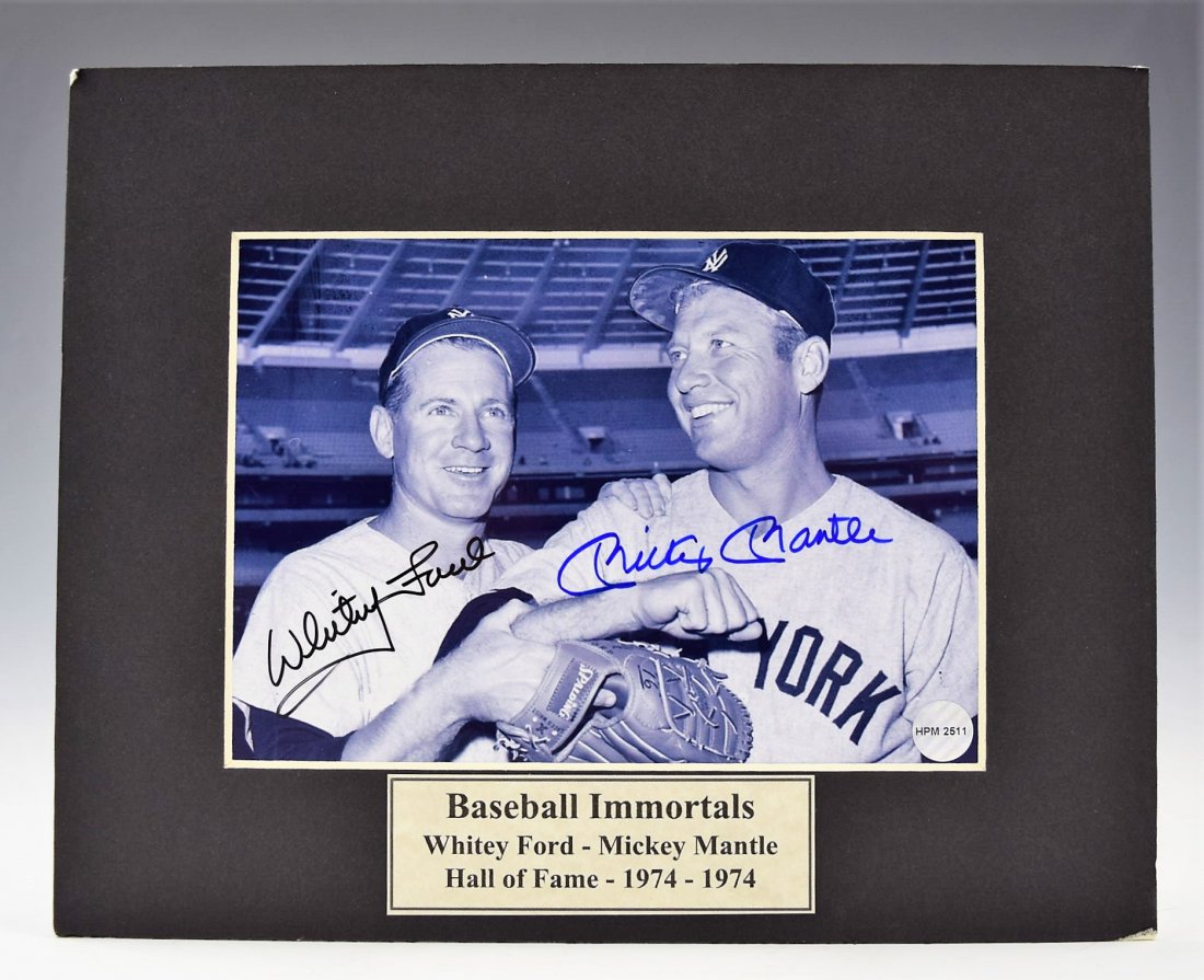 Mickey Mantle and Whitey Ford Signed Photograph: A photo of Mickey Mantle and Whitey Ford hand signed in blue marker Measures: 5 x 7 inches COA included