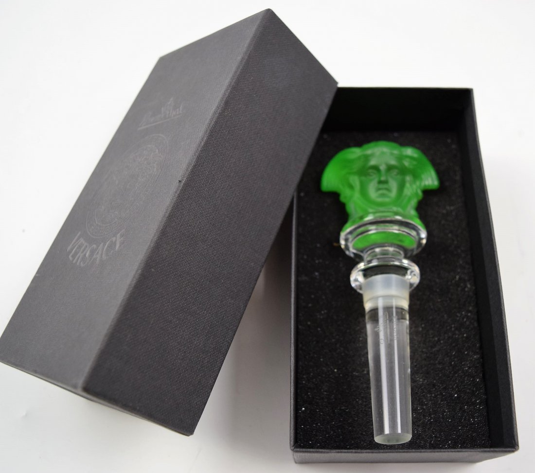 Versace Wine Bottle Stopper: Versace issued Rosenthal amethyst crystal medusa wine bottle stopper Original box included