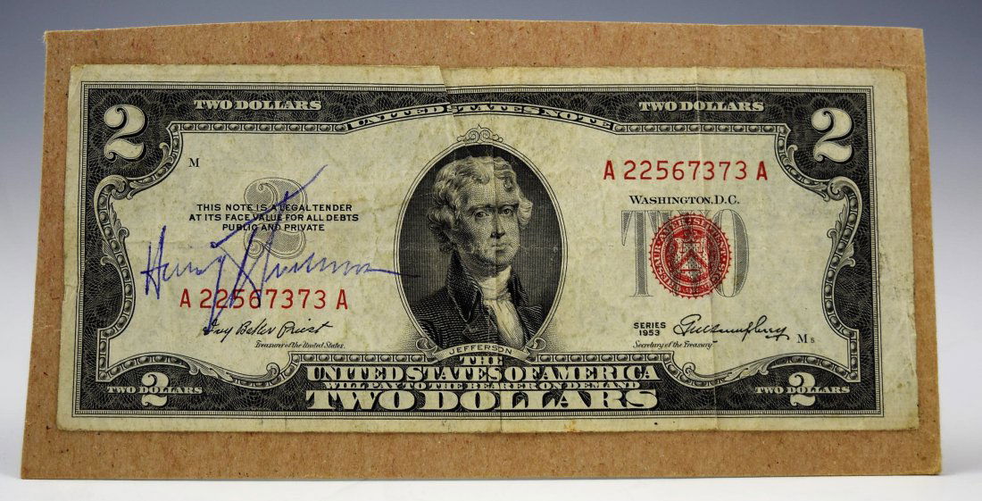 Harry Truman Signed Two Dollar Bill: President Harry Truman hand signed two dollar bill circa 1953