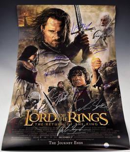 Lord of the Rings Cast Signed Movie Poster: Lord of the Rings Return of the King Signed by Viggo Mortensen, Orlando Bloom, Cate Blanchett, Elijah Wood, Sean Astin, Andy Serkis, Billy Boyd, Ian McKellen, Bernard Hill, Dominic Monaghan, Miranda O