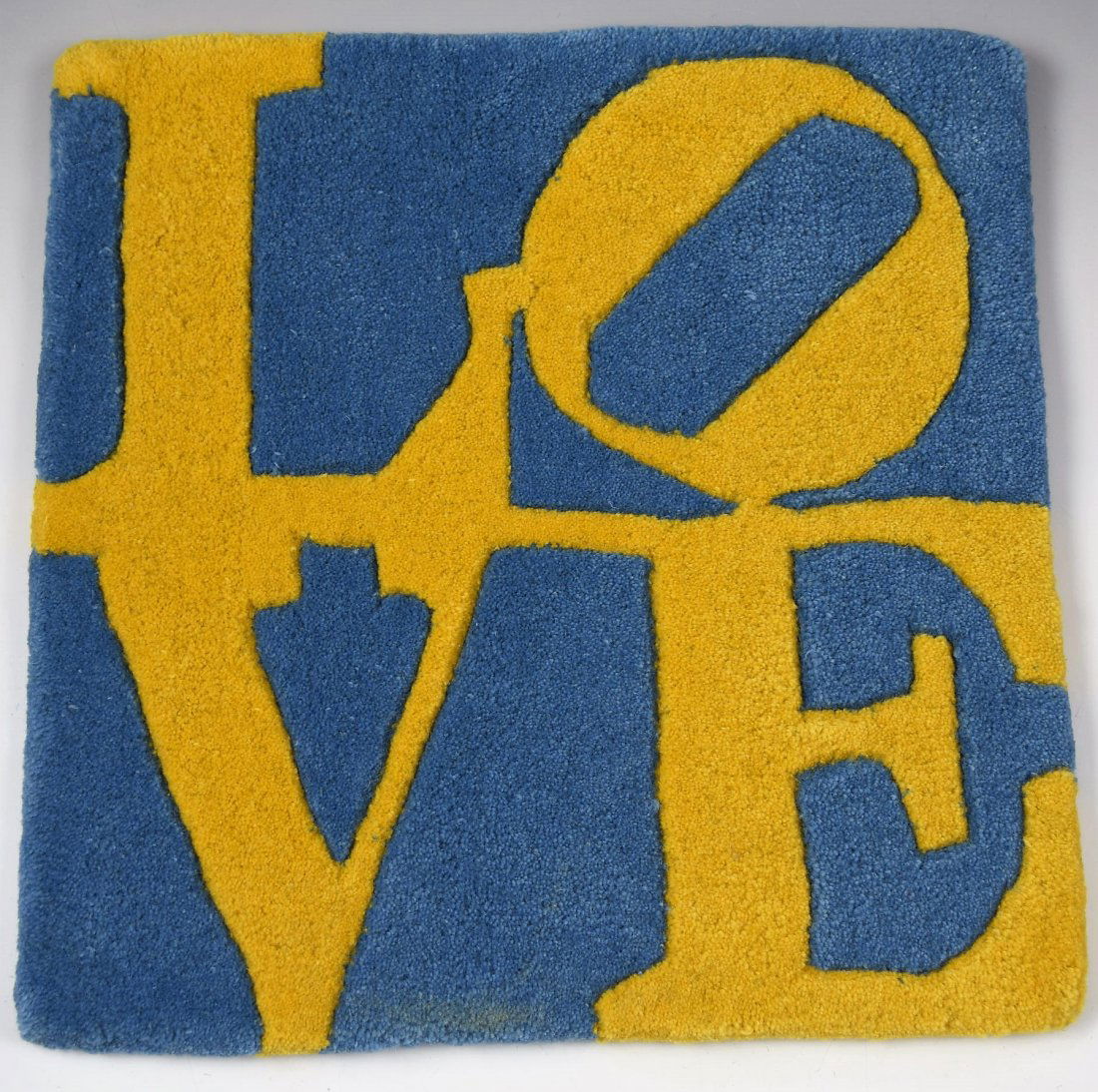 Robert Indiana Love Rug: Robert Indiana "SWEDISH LOVE" rug Numbered edition with (printed signature) Measures: 15 x 15 inches