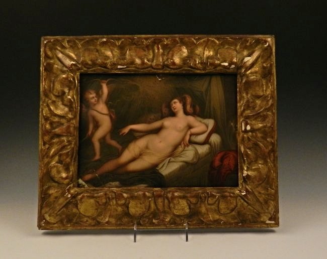 Henry Pierce Bone: (British, 1779-1855) Enamel on copper Reclining Venus with Cupid after the work of Tiziano Vecelli or Titian (Italian, 1485-1576) Measures: 17 x 14 inches framed, painting size: 12 x 9.5 inches Inscri