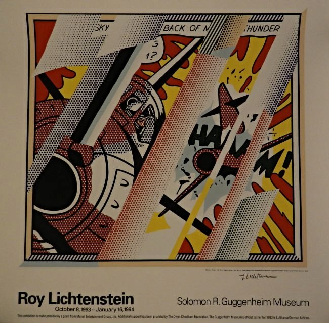 After Roy Lichtenstein: Reflections Whaam! 1990 Medium: Offset lithograph in color Edition unknown, For the exhibition at the Guggenheim, October 8, 1993 - January 16, 1994 Hand signed in pen lower left Measures: 27 x 26 inc