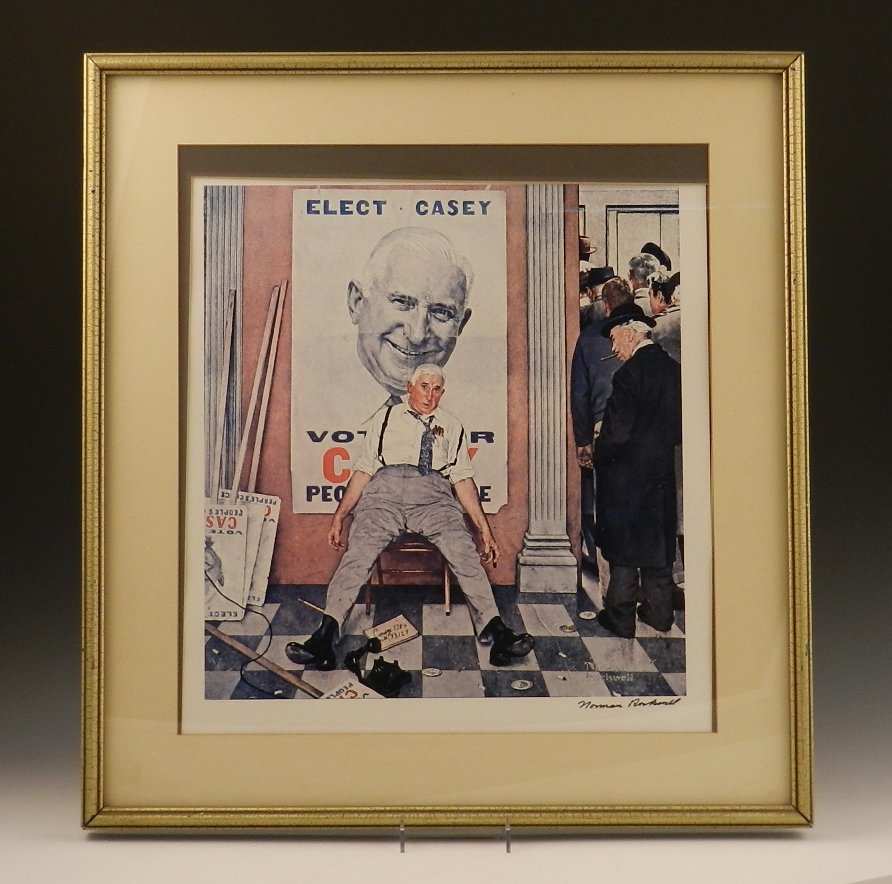 Norman Rockwell, "Elect Casey" Signed Lithograph: Title: Elect Casey Medium: Colored Lithograph Measures: 27 x 26 inches framed, sight: 20 x 18 inches Signed lower right Provenance: Purchased in 1977 at a New Jersey gallery by owner's father Copy of 