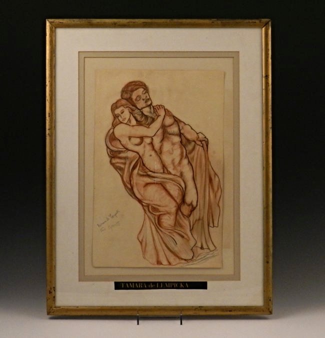 Tamara De Lempicka: (Polish, 1898-1980) Crayon on paper Two Spirits, 20th century work Measures: 11 x 18 inches (drawing) Signed lower left Provenance: Private Collection, Chiacgo Acquired directly from the artist in