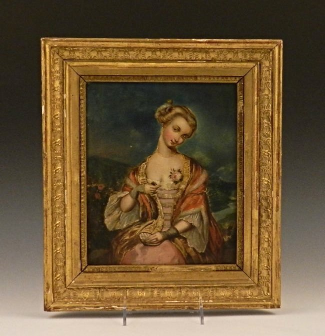 Continental School: 18th century Oil portrait depicting a woman sitting on a balcony wearing a dress with a rose, overlooking a mountain landscape with a river. Unsigned Measures: 13 x 11 inches, framed, DOA: 9 1/2 x 8 i