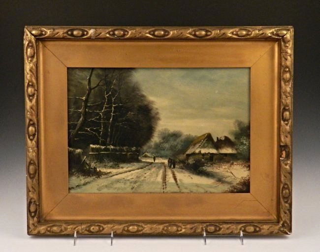 Dutch School: 17th/18th century Oil on panel Dutch landscape depicting walking figures on a snowy day Unsigned Measures: 21 x 27 inches, framed, DOA: 13 x 19 1/2 inches
