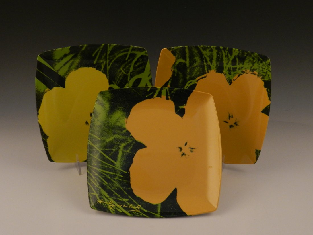 Andy Warhol Flowers Collector Plates: (3) Andy Warhol Flowers collector plates, measures: 8 x 8 inches Each stamped & approved from the Andy Warhol foundation