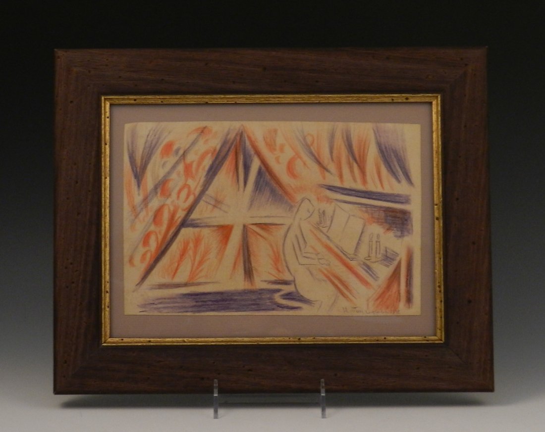 Natalia Goncharova: (Russian, 1881-1962) Colored pencil on paper At the Piano, created circa 1912 Measures: 15 x 12 inches, framed, DOA: 7 x 10 inches Signed lower right Estate collection of artist Matvei (Matthew) Chizh
