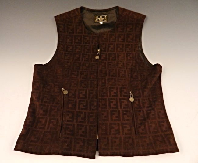 Fendi Full Zip Vest: Full zip with two zip pockets, Zipper toggles feature Fendi logo Measures: 34 x 11 inches, size: medium