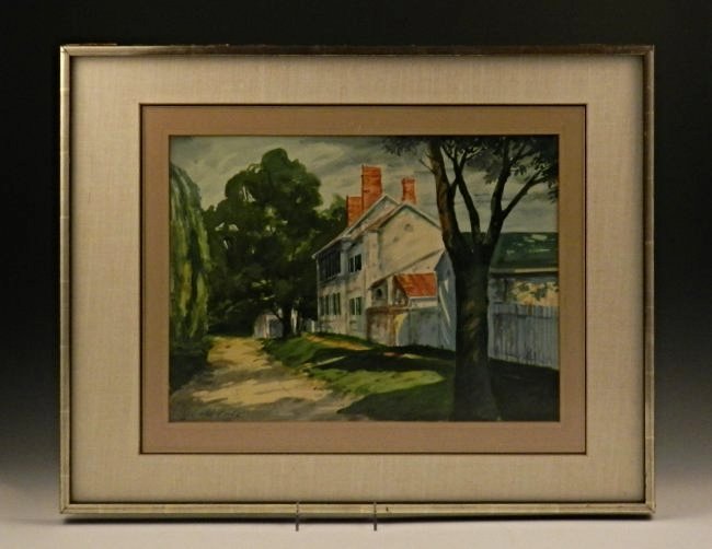 Fairfield Porter: (American, 1907-1975) Medium: Watercolor and pencil on paper Title: "Spring House", 20th century Measures: 22 1/2 x 28 1/2 inches, framed, DOA: 14 x 19 inches Signed lower left