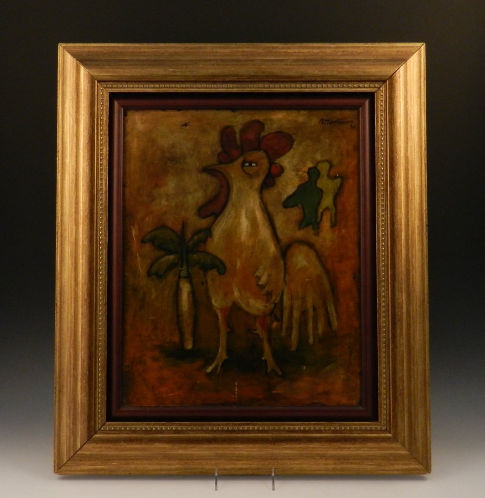 Mariano Rodriguez: (Cuban, 1912-1990) Titled: Gallo Circa 1976 Medium: Oil on cardboard Measures: 20 x 16 inches