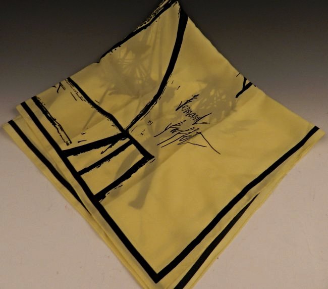 Bernard Buffet Silk Scarf: Measures: 30 x 30 inches A vintage yellow silk scarf of a vase by Bernard Buffet