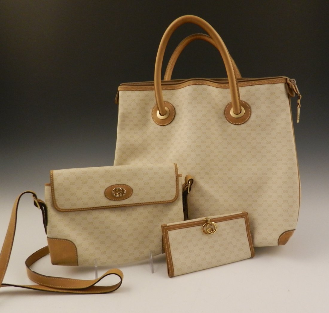 Vintage Gucci Logo Handbag Set: Canvas and leather handbag set. Match tote, shoulder bag, and wallet Gold hardware