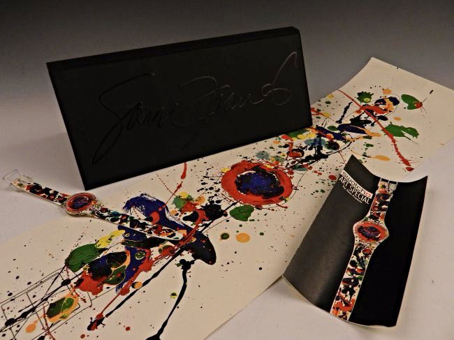 Sam Francis Swatch Watch & Signed Print: Sam Francis swatch watch with original box, never before worn Swatch Watch Project, lithograph, 1992 Measures: 7 x 30 inches Signed in pencil on back
