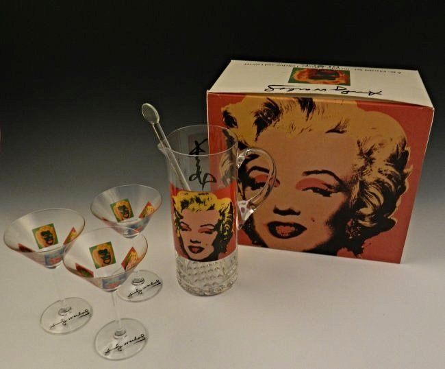 Andy Warhol Marilyn Monroe Martini Set: Five piece Martini set, including glasses & pitcher, Marilyn Monroe, Andy Warhol Measures: 7 inches each glass, pitcher: 10 inches