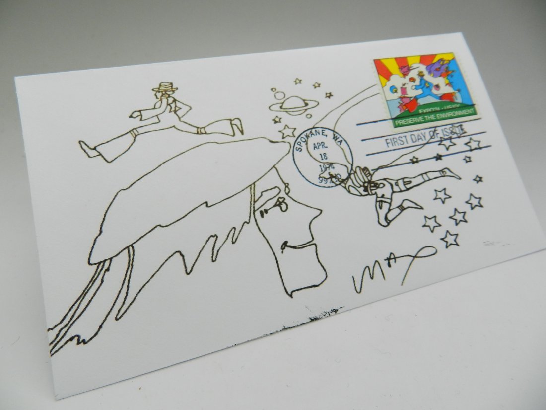 Peter Max: "Cosmic Jumper" Envelope Drawing Stamp designed by Peter Max The stamp was issued on April 18, 1974 Measures: 6 x 3 inches