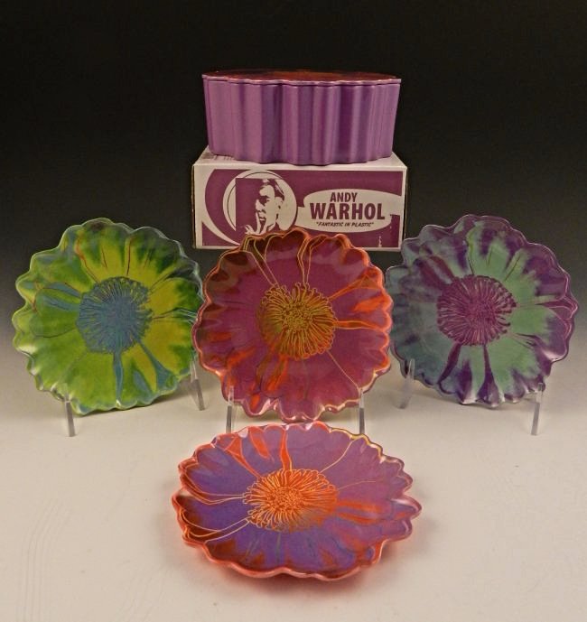 Andy Warhol Flower Plates: Set of 4 Warhol Flower plates 5 1/2 inches each plate Marked on bottom from Andy Warhol Foundation, case included and original box set