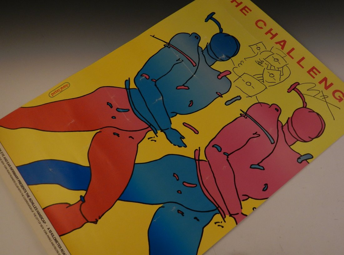 Peter Max: (American, b. 1937) Marker drawing on poster, The challenge Signed on top additionally with an original drawing done in marker of a woman Measures: 32 x 21 inches