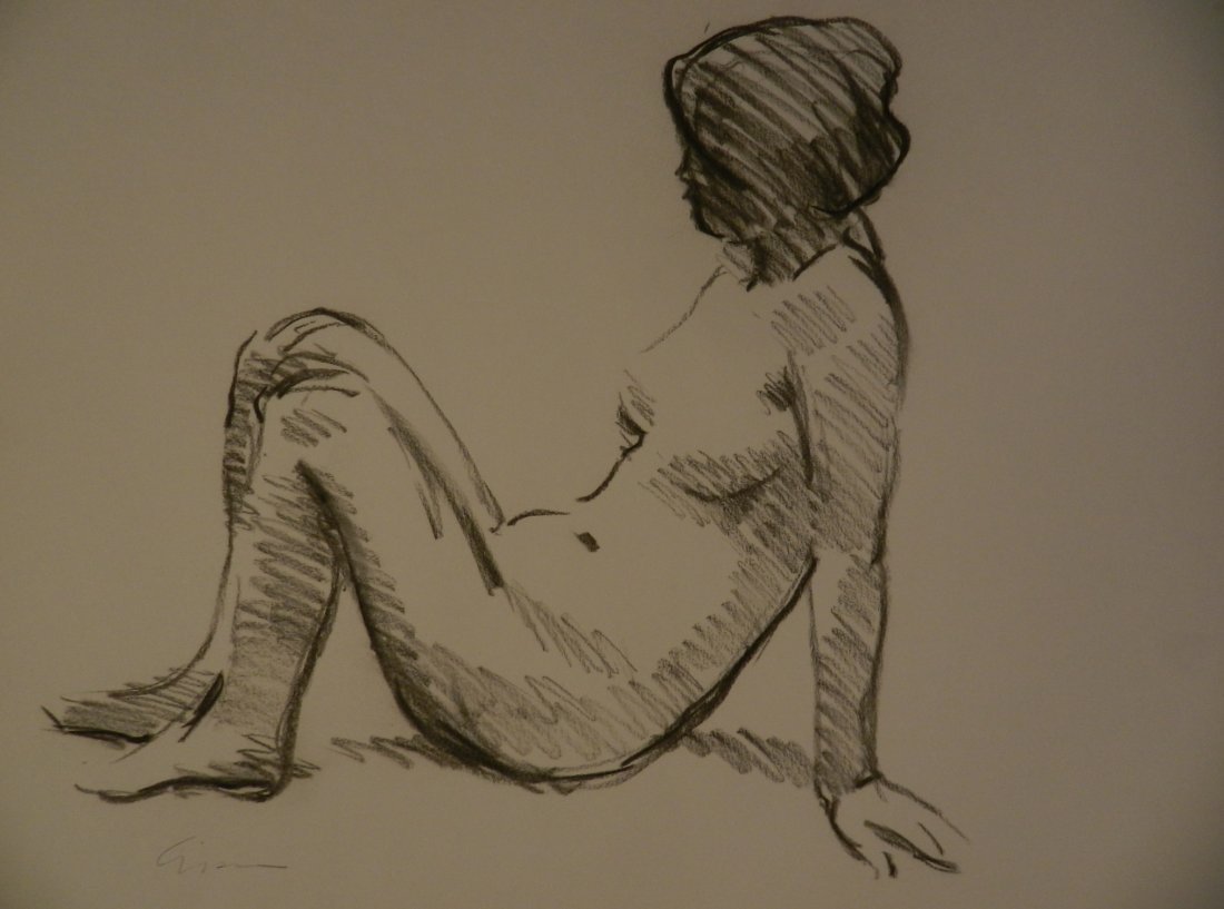 Andre Gisson: (American, 1921-2003) Charcoal on paper, 20th c. nude Measures: 18 x 24 inches Signed lower left Provenance: From the direct estate of Andre Gisson Certificate of authenticity issued from Andre Gisson