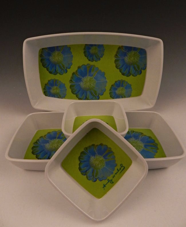 Andy Warhol, Flowers Collector Plates: Set of 5 Warhol Flowers collector plates Stamped on bottom from the Andy Warhol foundation Measures: 9 1/2 inches, (large), 4 inches, (2 medium), 3 inches (2 smallest)