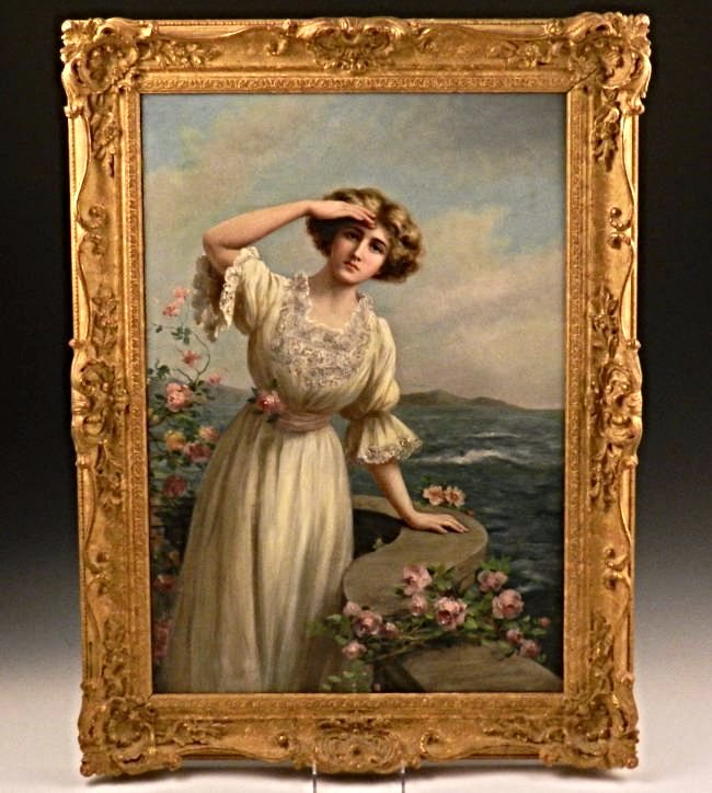 Francois Martin-Kavel: (French, 1861-1931) A stunning oil on canvas painting depicting a standing woman with roses overlooking an ocean view A later 19th century work Signed very lightly in the lower left Measures: 32 x 24