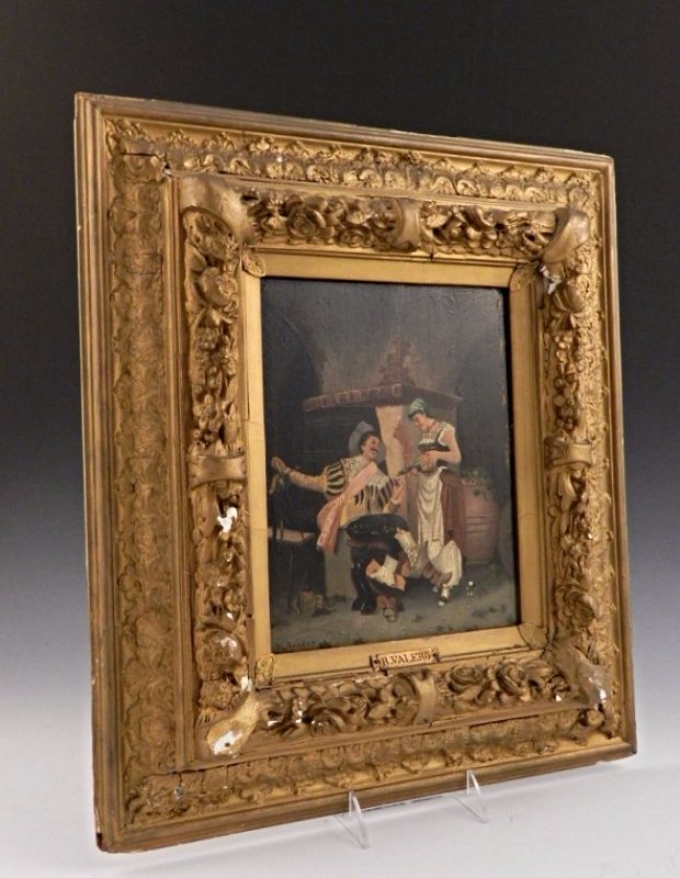 Riccardo Valero: (Spanish, 19th century) Oil on panel An interior scene with two figures, one pouring the other a glass of wine. Measures: 19 x 16 inches, framed, DOA: 10 x 8 inches Signed in the lower left Provenance