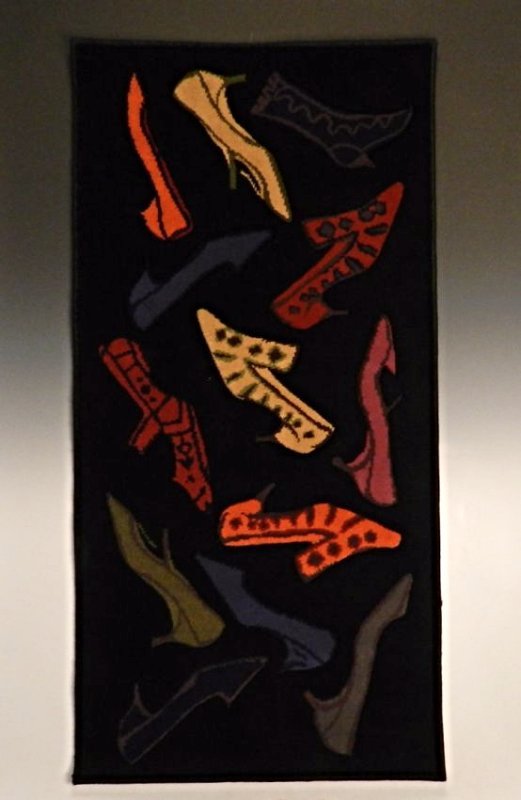 Andy Warhol Tapestry Rug: Andy Warhol tapestry rug of shoes, 20th c. Measures: 27 x 53 inches Tagged and certified from the Andy Warhol foundation on backside