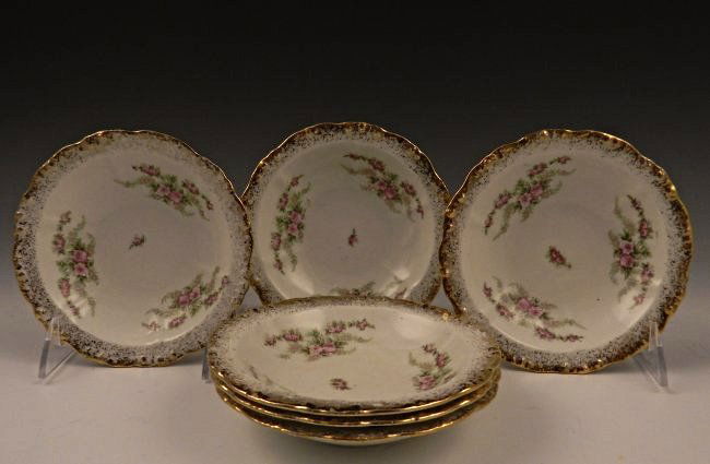 (6) Sevres French Rose Pattern Dishes: Measures: 6 inches each A set of floral rose and gold trim plates Each marked on bottom