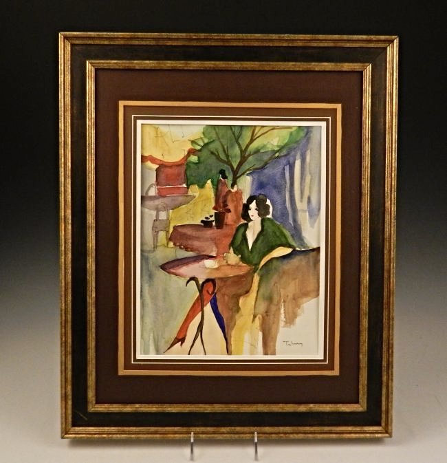 Itzchak Tarkay: A 20th century watercolor on paper Measures: 19 1/2 x 23 1/2 inches, framed, DOA: 10 1/2 x 13 1/2 inches Signed lower right