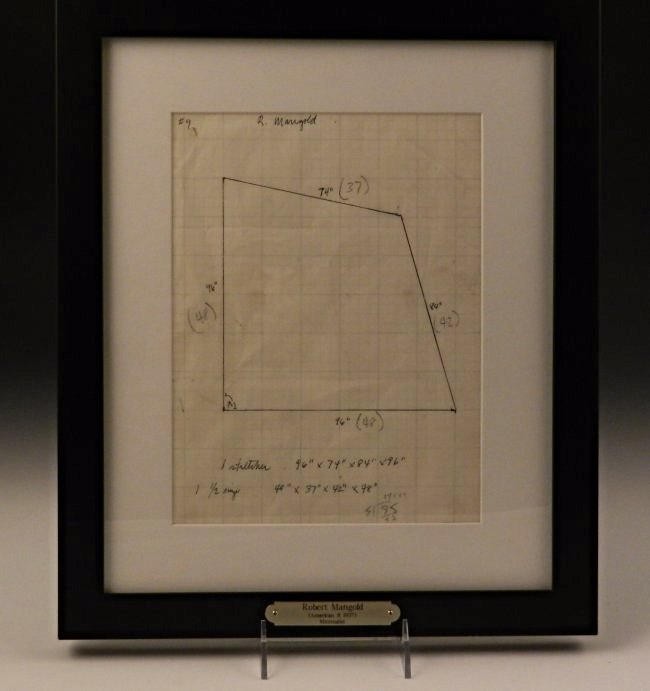 Robert Mangold: (American, b. 1937) Minimalist trapezoid ink drawing Measures: 17 x 14 inches, framed, DOA: 10 x 8 inches Signed upper left