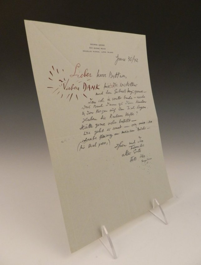 George Grosz Hand Written Letter: A hand written letter from artist George Grosz from 1942 written in German Measures: 11 x 7 inches