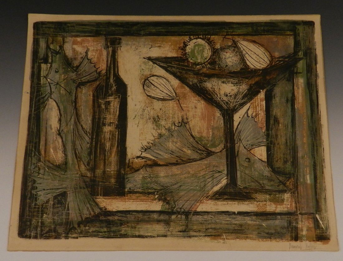 Bernard Buffet: Lithograph in colors, 20th.c still life Measures: 20 x 16 inches Signed in pencil lower right