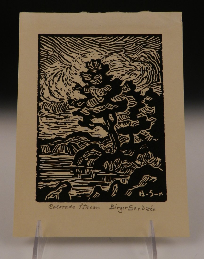 Birger Sandzen: Signed linocut, Colorado Stream Measures: 8 x 6 inches Signed lower right in pencil, titled lower left