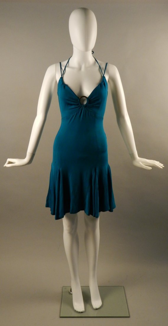 Roberto Cavalli Dress: A blue polyester, Cavalli dress Measures: 31 inches in length, size 40