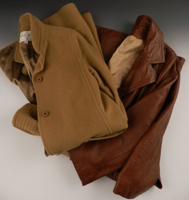 (2) Oscar De La Renta Jackets: Vintage brown leather long jacket, measures: 46 inches Ladies Tan wool long jacket, size: 2
