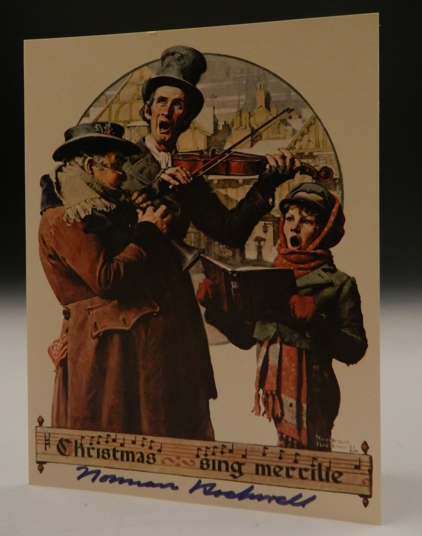 Norman Rockwell: Norman Rockwell Christmas holiday cards, circa 1970's Card signed in blue marker by Rockwell Measures: 7 x 5 1/2 inches