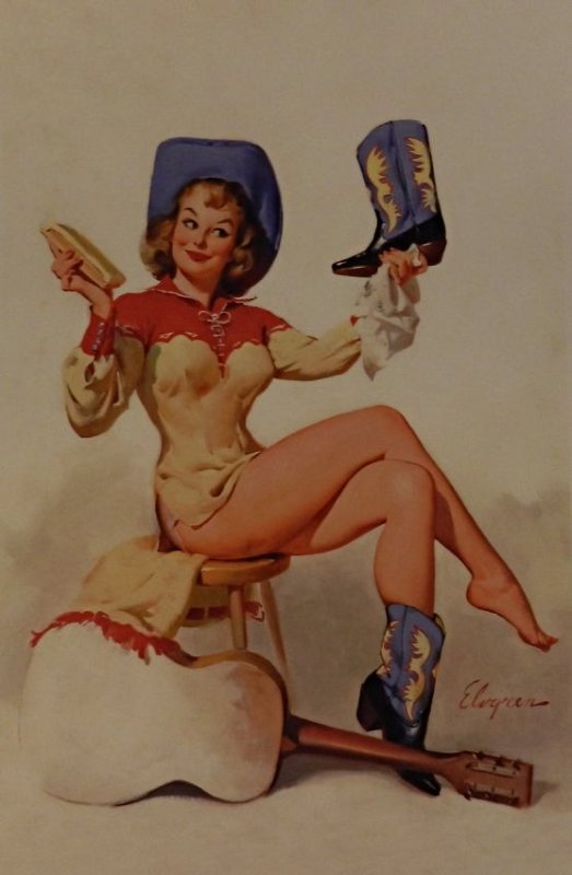Vintage Gil Elvgren Pin Up Poster: Cowgirl Guitar Boots Measures: 11 x 17 inches