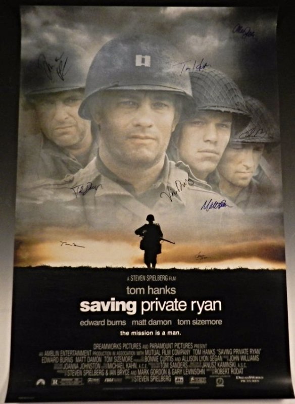 Saving Private Ryan Cast Signed Poster: Cast signed by Tom Hanks, Vin Diesel, Edward Burns, Matt Damon, Tom Sizemore, Giovanni Ribisi, Dennis Farina, Ted Danson and Adam Goldberg Measures: 27 x 40 inches Issued with COA