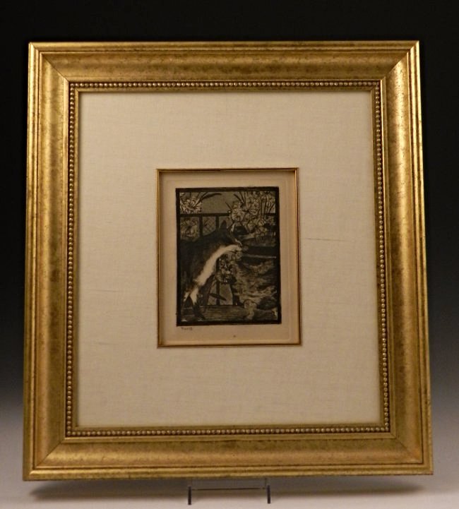 Edouard Manet Etching: Cat Le Chat et Les Fleurs, original etching - Manet Measures: 19 1/2 x 21 inches, framed, sight: 6 3/4 x 8 1/2 inches